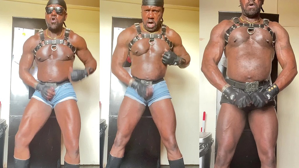 black muscle dad in denim/leather geared wank and flex & cum