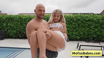 Petite blondie teen get her juicy ass spanked by the pool and prepare for a deep fuck - Emma Bugg, JMac