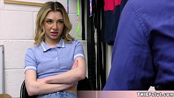 Extra cute blonde shoplifter with funny freckles caught and gets her tiny pussy punished real hard