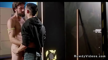 Gay janitor gets rimjob in locker room at a sex club