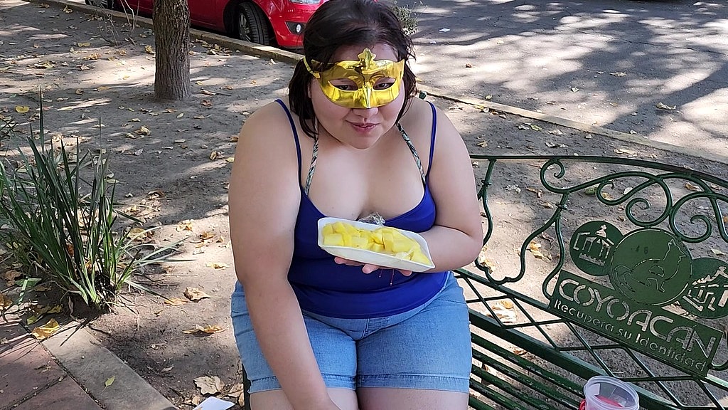 i suck my man s ass, cock and balls, extract a lot of cum and eat it with pineapple in public