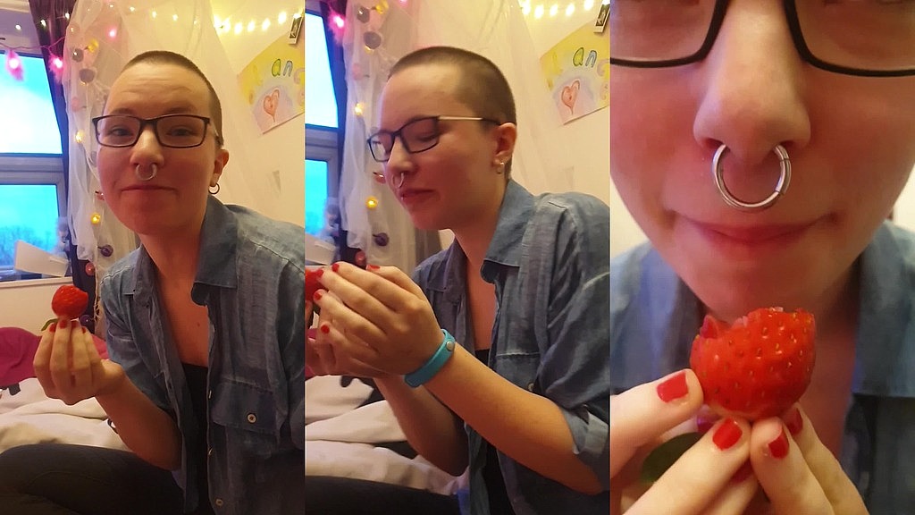 sexy strawberry eating ;) i d just got to willow s after a shoot (hence the make-up, nails, and no collar!) and we were chill...