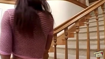 Kinky brunette covered in lingerie moans joyfully while having a threesome with intense double penetration