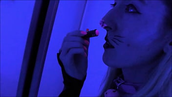 Halloween kittygirl Jenby plays with whipped cream and rides a balloon to climax