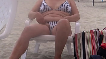 On the beach stepson with a big erection, I help him cum in my hairy pussy