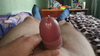 Horny boy jerks off his white huge uncut cock, moans and cums