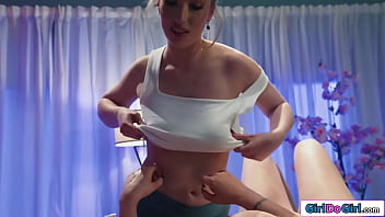 Bi curious milf is kissed and pussy licked by busty masseuse