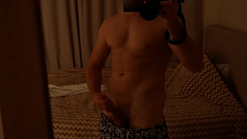 Fit guy couldn'_t resist jerking off in front of the mirror after visiting the pool