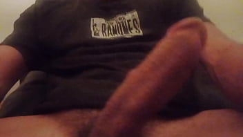 Dad jerks off his big cock while his wife is away, moans with pleasure and gets a huge cumshot!