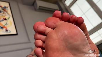 Goddess with pink oily soles and toes lazily teases you, Foot Fetish Closeup
