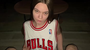 Good girl gives her stepdad a deep blowjob while kneeling. Cum on stepdaughter big natural tits