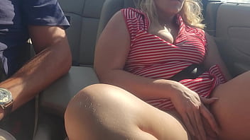 Squirting Hot blonde dildo fucking herself in convertible on highway