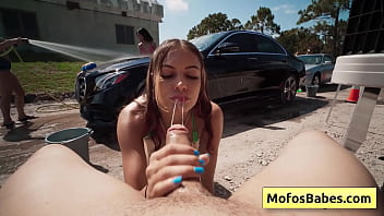 Blonde sexy and horny girl swallow and suck huge fat dick outdoor a t car wash fundraiser - JC Wilds, Johnny Love