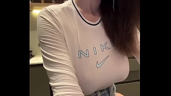 Stepmom in short T-shirt shows milky tits