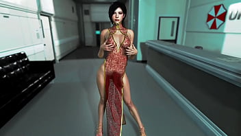 Gorgeous Ada Wong in a transparent dress dances in the Umbrella office
