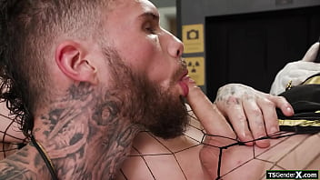 Shemale flight attendant is anal fucked to pass the security