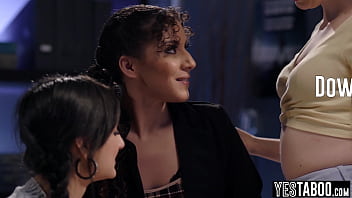 Lesbian Latina MILF teacher fucks two teen students in classroom