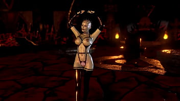 Gothic dominant Pinhead female in BDSM costume dancing solo in dungeon