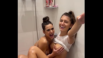 Lesbian shower explodes into sloppy double BJ and huge facial with cum swap POV Blowjob