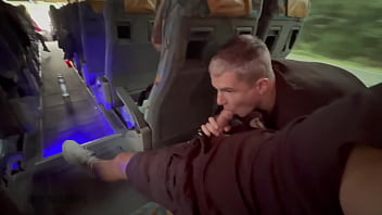 Blowjob from a stranger on the bus and a huge cumshot in a hotel