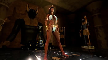 Gorgeous egyptian priestess propitiates the Anubis with depraved dances