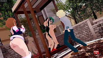 Boku No Hero Academia Hentai - Deku fucks Tsuyu while Uraraka watches them and Bakugou jerks off watching them