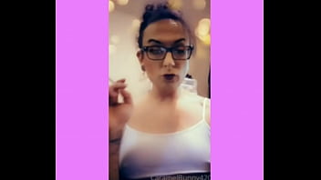 TS Denise Sexy Smoking wearing white crop top braless w highbeams on rock hard nipples