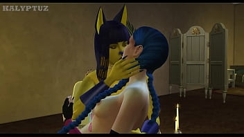 Jinx catches Ankha fingering and joins her on a lesbian duo (League of Legends &_ A Crossing)