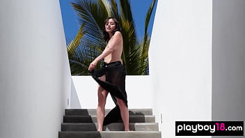 Shy newcomer asian teen KJ Carter stripping and posing nude for Playboy