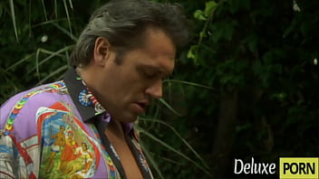 Horny man finds blonde milf playing with her wet pussy in the garden