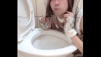 Femboy cosplaying in cute, fluffy beast outfit, enjoy on licking the toilet
