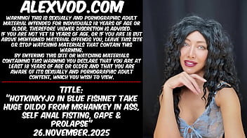 Hotkinkyjo in blue fishnet take huge dildo from mrhankey in ass, self anal fisting, gape &amp_ prolapse