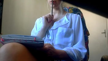 hot secretary no panties under the mini skirt , take off her bra and starting fingering her pussy