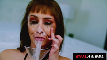 Nasty Babe Drinks a Glass of Cum and Spit after Sloppy Face Fuck - EvilAngel