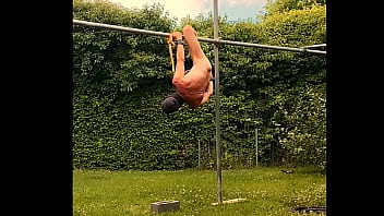 naked pathetic white slave during outdoor party tied up swings around at my testicles, enjoy the guests, CMNM