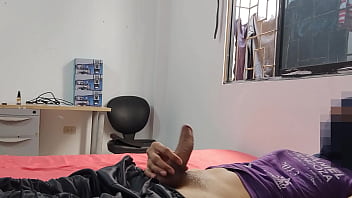 My stepson playing with his big cock alone in his room