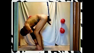 naked pathetic white slave pig, Valentine greetings tied up at his gay testicles swings around upside down, CMNM