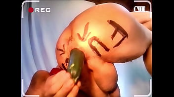 naked pathetic white slave with tiny uncut penis, humiliating body writing, stretch his cunt with cucumber fuck and brush in gay ass, CMNM