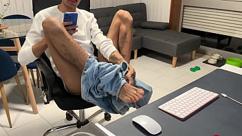 Skinny dark-skinned guy with a thick dick jerking off until he cums on webcam.