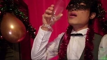 Happy New Year! The cute French-Asian twink Jon Arteen jerks off, ejaculates into a glass, and drinks his own semen
