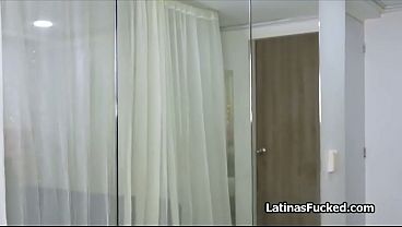 Throating Latina coed rimmed and fucked in sexy outfit