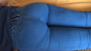 My stepmother with a big ass puts on jeans and shows off for me while I masturbate