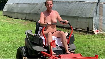 Neighbor, riding lawnmower, naked outdoors