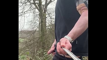 Getting little cock out on walking trail with cumshot