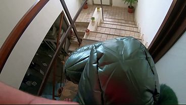 Slutty Mature Orgasm &ndash_ Blowjob &amp_ Cum on Green Shiny Downjacket