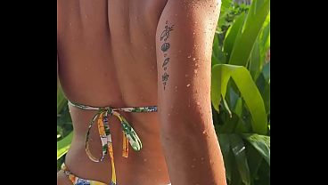 Beauty tropical bikini dance and chill on the sun