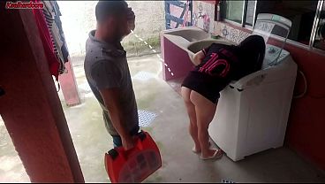 Married housewife pays washing machine repairman with her buttocks while husband is away.