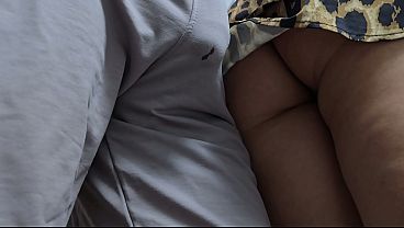 The guy's sweatpants got soaked with precum on subway train. She let him slide his thick cock inside her panties under her skirt &amp_ CUM hard